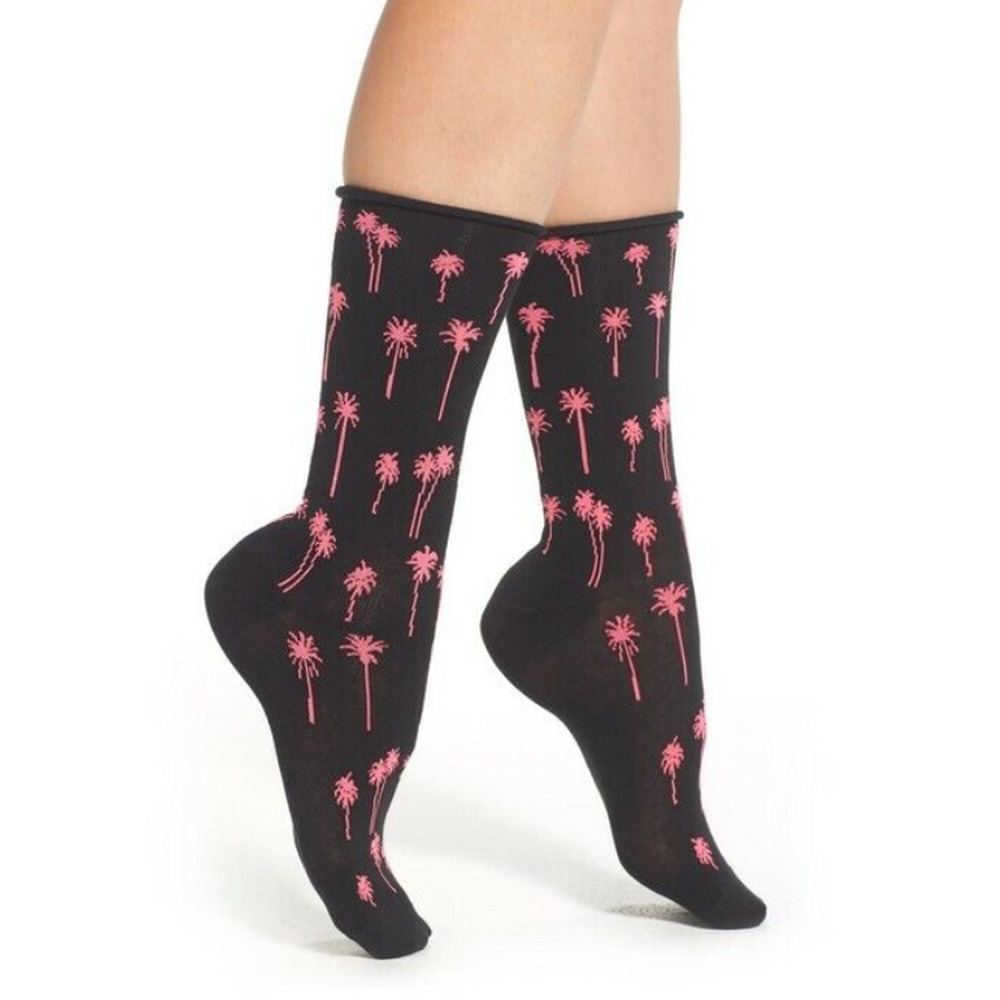 Hue Women Jean Socks 3-Pair Black Neon Pink Palm Trees One Size 10715